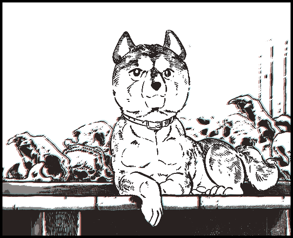 Manga image of Gin, an akita, sitting on a porch surrounded by bear skulls.
